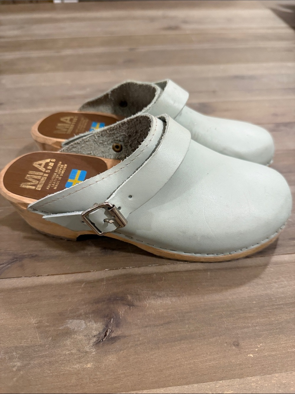 MIA Alma Swedish Wooden Clogs Pale Mint Light Blue Leather Womens 37
